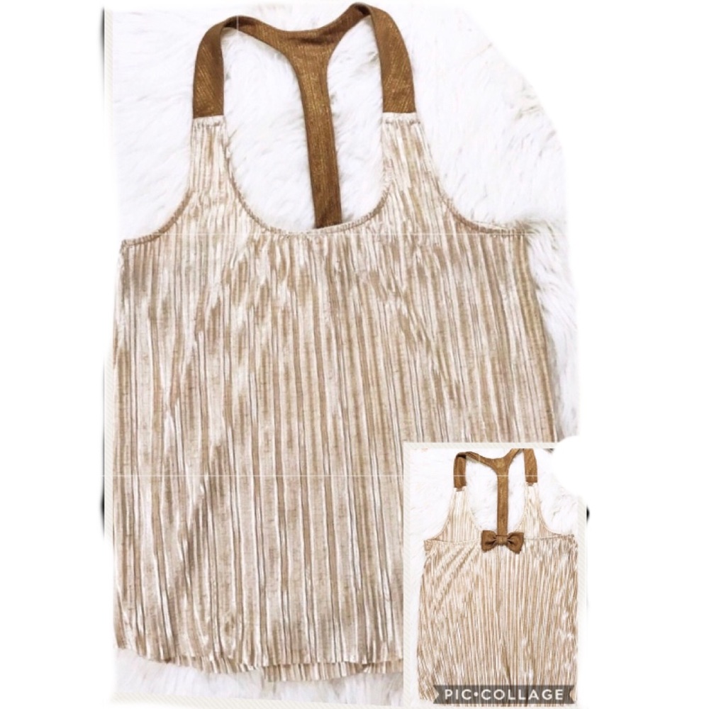 Weavers T Back Bow  Iridescent Golden Pleated Top